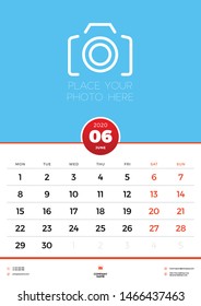 June 2020. Wall calendar planner template for 2020 year. Week starts on Monday. Vector illustration