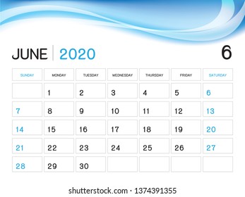 JUNE 2020 Year Template, Calendar 2020 Vector, Desk Calendar Design, Week Start On Sunday, Planner, Stationery, Printing, Size : 8 x 6 inch