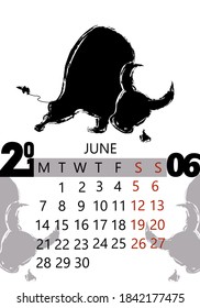 June 2021 Calendar Leaf with Bull silhouette images. Page of the month. Year of the Ox. Chinese astrology New Year. Zodiac. Vector 