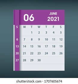 Calendario de junio de 2021. Diseño plano. Plantilla de diseño mensual del calendario. La semana empieza el domingo. Ilustración vectorial de negocio.