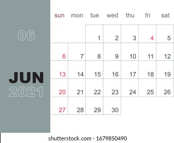 June 2021. Calendar planner design template. Week starts on Sunday. Stationery design. Vector Illustration