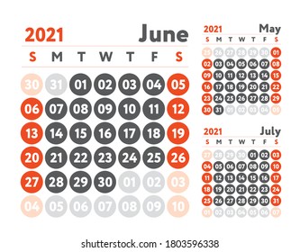 June 2021 calendar. Planner design. English calender. Red color vector template. Week starts on Sunday. Business planning. 