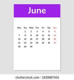 June 2021 calendar sheet. Vector illustration. 