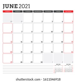 June 2021. Monthly calendar planner printable template. Vector illustration. Week starts on Sunday