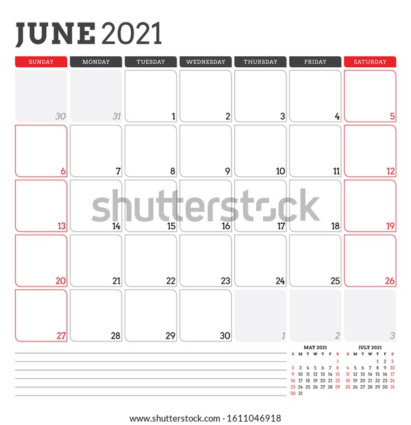 June 2021 Monthly Calendar Planner Printable Template Vector Illustration Week Starts On Sunday 2067