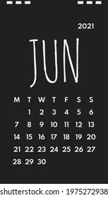 june 2021 office calendar, week starts monday, one weekend, black background