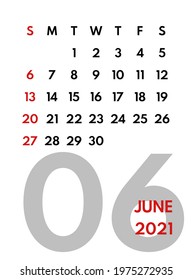 june 2021 office planner, calendar starts sunday, one red colored weekend, white background