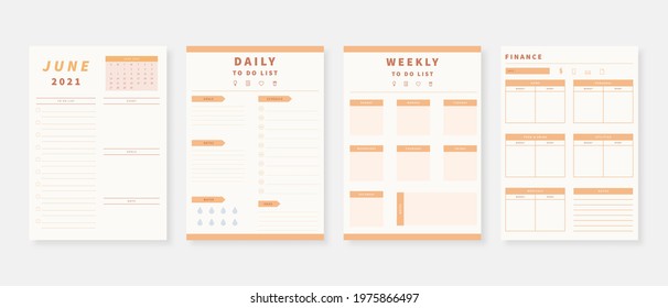 June 2021 - Planner. Modern planner template set. Set of planner and to do list. Monthly, weekly, daily planner template. Vector illustration.