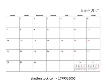 June 2021 simple calendar planner, week starts from Monday. Vector calendar planner.