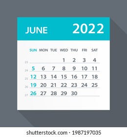June 2022 Calendar Green Leaf - Vector Illustration