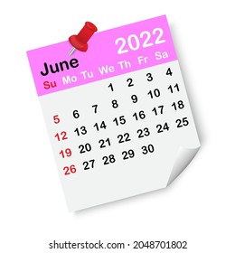 Hoja del calendario de junio de 2022. Pin rojo de dibujo. Página rosa. Temporada de verano. Diseño postal. Ilustración vectorial. Imagen de archivo. 