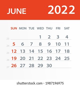 Hoja del Calendario de junio de 2022 - Ilustración de vectores