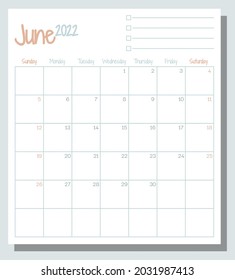 June 2022 calendar month planner with To Do List, week starts on Sunday, template, mock up calendar leaf illustration. Vector graphic page