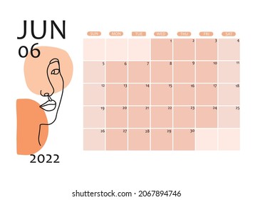 June 2022 calendar page decorated with abstract woman's face. Good for prints, wallpaper, planners, organizers, etc. EPS 10
