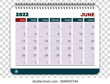 June 2022. Calendar planner design template. Week starts on Sunday