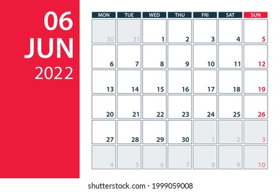 June 2022 Calendar Planner - vector illustration. Template. Mock up.