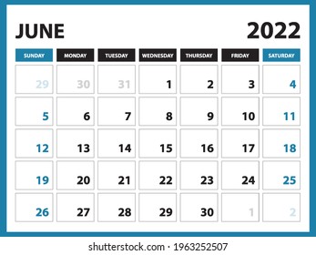 Calendario Imprimible de junio de 2022, Calendario 2022, diseño del planificador, plantilla de calendario de escritorio, calendario de pared, oficina del organizador, Simple, semana comienza el domingo, vector eps 10