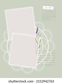 June 2022 Calendar with recipe to-do list reminder blank, scrapbooking collage vintage style, lavender hand drawn watercolor illustration. Vector illustration