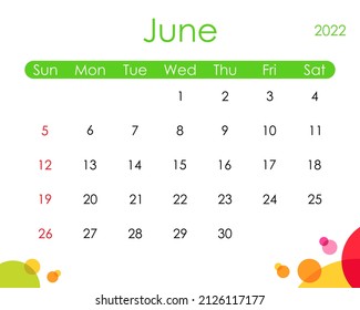 June 2022 calendar template vector graphics