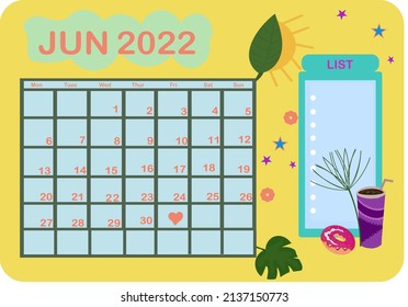 June 2022 empty calendar and to do list vector illustration art. Empty copy space. Simple flat design of new year's June calendar book for meetings, special days, holidays. 6 or six months passed.