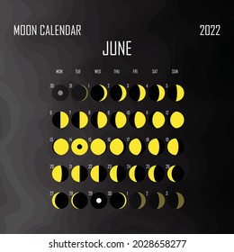 June 2022 Moon calendar. Astrological calendar design. planner. Place for stickers. Month cycle planner mockup. Isolated black and white background.