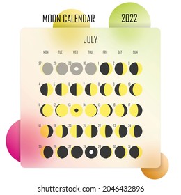 June 2022 Moon calendar. Astrological calendar design. planner. Place for stickers. Month cycle planner mockup. Isolated colorful glassmorphism background.