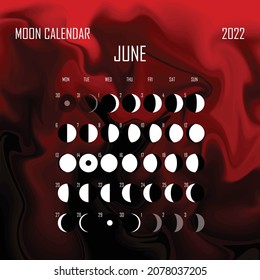 June 2022 Moon calendar. Astrological calendar design. planner. Place for stickers. Month cycle planner mockup. Isolated black and white background.