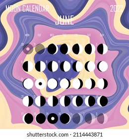 June 2022 Moon calendar. Astrological calendar design. planner. Place for stickers. Month cycle planner mockup. Isolated black and white background.