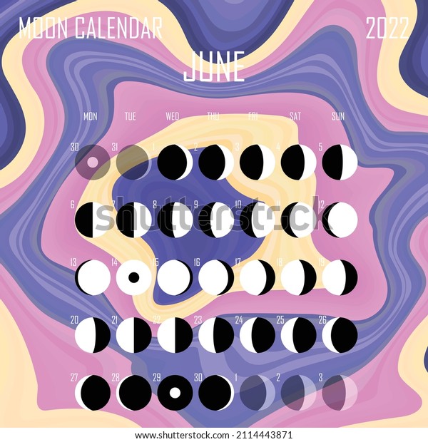 June 2022 Moon calendar. Astrological\
calendar design. planner. Place for stickers. Month cycle planner\
mockup. Isolated black and white\
background.