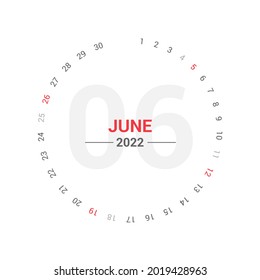 Calendario de Círculo de Planner de junio de 2022. Sábado y domingo de fin de semana. Diseño vectorial de plantilla de calendario de planificador único simple.
