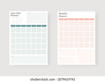 June 2022 planner template set. Set of planner and to do list. Monthly, weekly, daily planner template. Vector illustration.