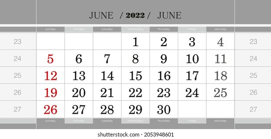 June 2022 quarterly calendar block. Wall calendar in English, week starts from Sunday. Vector Illustration.