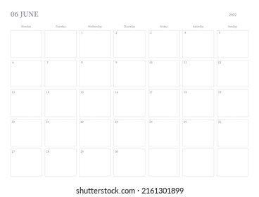 June 2022 simple design digital and printable calendar template illustration. Notes, scheduler, diary, calendar, memo, planner document template background. 