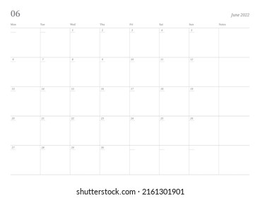 June 2022 simple design digital and printable calendar template illustration. Notes, scheduler, diary, calendar, memo, planner document template background. 