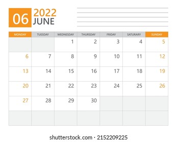 Plantilla de junio de 2022, Calendario planificador 2022, semana de inicio el lunes, calendario de escritorio 2022 año, diseño simple y limpio, calendario de pared, plantilla de planificación de diseño empresarial, vector de medios impresos