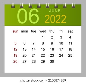 June 2022. Vector monthly calendar template 2022 year in simple style for template design. Week starts from Sunday.
