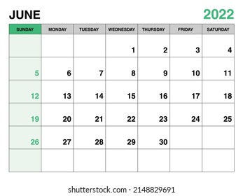 June 2022 year planner template, calendar 2022 template, monthly and yearly planners. organizer diary. week start Sunday, corporate planner template, Desk calendar 2022, green background, vector