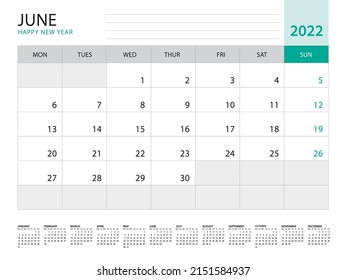 Junio de 2022-Calendario 2022, vector de plantilla sobre fondo verde, semana de inicio el lunes, calendario de escritorio 2022 año, diseño de calendario de pared, plantilla de planificador corporativo, Stationery, diario de organizadores, vector