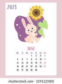 June 2023 calendar. Cute bunny with large yellow flower sunflower. Vector illustration. Vertical Template. Week from Monday In English. A4. rabbit is symbol 2023 year to Chinese zodiac.