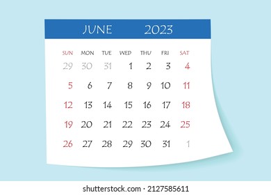 June 2023 calendar planner. Corporate week. Template layout, 12 months yearly, white background. Simple design for business brochure, flyer, print media, advertisement. Week starts from Monday.