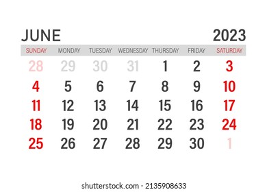 Plantilla de calendario de junio de 2023. Diseño para junio de 2023. Planificador mensual imprimible. Diseño de calendario de escritorio. Comienzo de la semana del domingo.