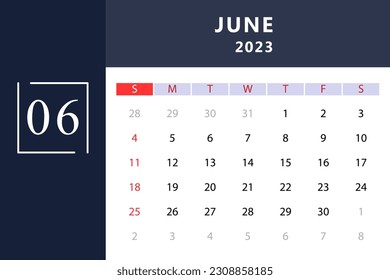 June 2023 Calendar Template. Vector Illustration.