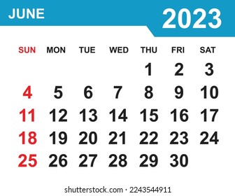 Juni 2023 Kalender, Vektorgrafik. Wall-Desk-Kalender Vektorvorlage, Einfache minimale Design. Wall Calendar Template für Juni 2023.