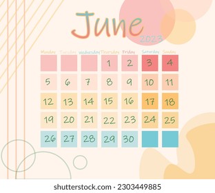 June 2023 Calendar Vector Illustration. Calendar Vector Template, Simple Minimal Design with warm summer colors. abstract design. 