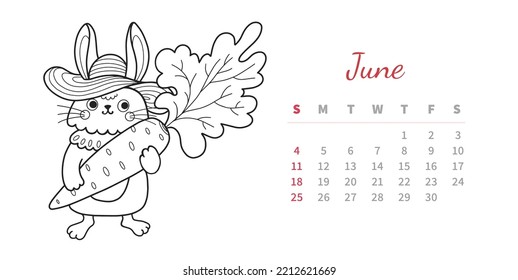 June 2023 horizontal calendar page with cute outline bunny. Rabbit farmer in straw hat, holding big carrot vegetable. Chinese new year symbol. Coloring book vector illustration.