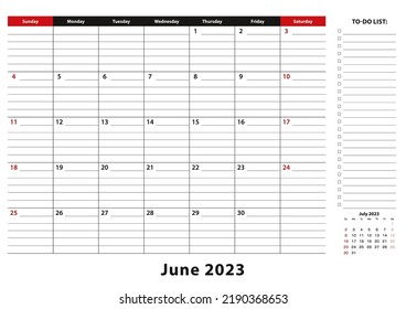 Juni 2023 Monatliche Desk Pad Kalenderwoche beginnt Sonntag, Größe A3. Juni 2023 Kalender-Planer mit To-do-Liste und Ort für Notizen.