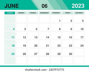 June 2023 template, Calendar 2023 template vector, planner monthly design, Desk calendar 2023, Wall calendar design, Minimal style, advertisement, poster, printing media, green background concept