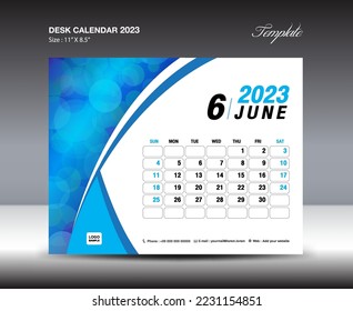 Vorlage Juni 2023 - Schreibtisch Kalender 2023 Jahr Vorlage, Tape Kalender 2023 Jahr, Woche beginnt Sonntag, Planer-Design, Geschichten-Design, Flyer-Design, Druckmedien, blauer Kurvenhintergrund