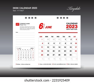 June 2023 template- Desk Calendar 2023 year template, wall calendar 2023 year, Week starts Sunday, Planner design, Stationery design, flyer design, printing media, red concept design