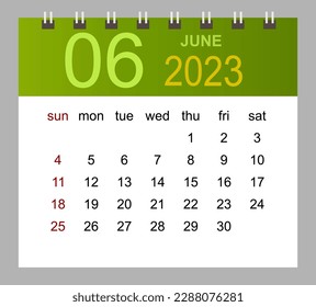 June 2023. Vector monthly calendar template 2023 year in simple style for template design. Week starts from Sunday.